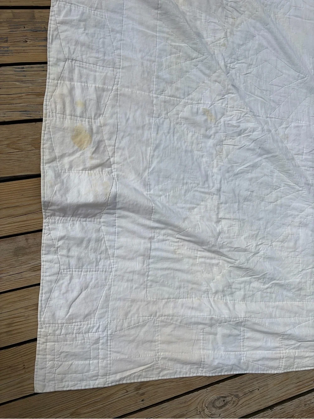 Handmade Pink and Green Patchwork Quilt - Floral Pinwheel Design VINTAGE stains